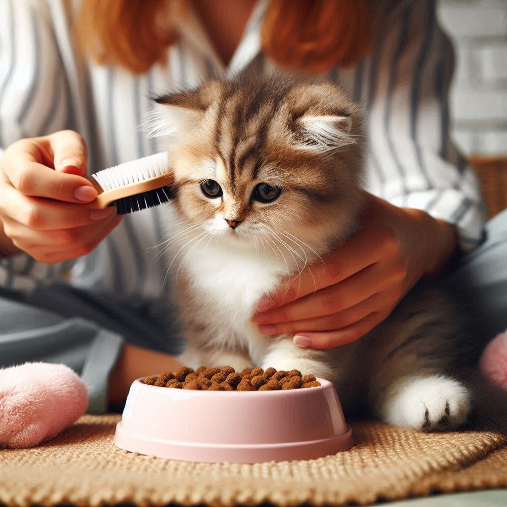 Человек ухаживает за шотландским котенком, расчесывая его шерсть